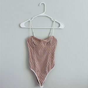 White Fox Boutique Tan and White Bodysuit with Spaghetti Straps